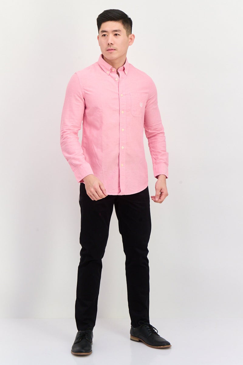 Chaps قميص رجالي بتصميم مخصص بأكمام طويلة وشعار مطرز، وردي - Image 4