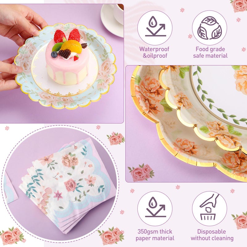 Skybooly 72 Pcs Floral Tea Party Decorations for 24 Guests Tea Party Plates and Napkins Sets Disposable Vintage Floral Plates and Napkins Bulk for Bridal Shower Wedding Birthday - Image 3