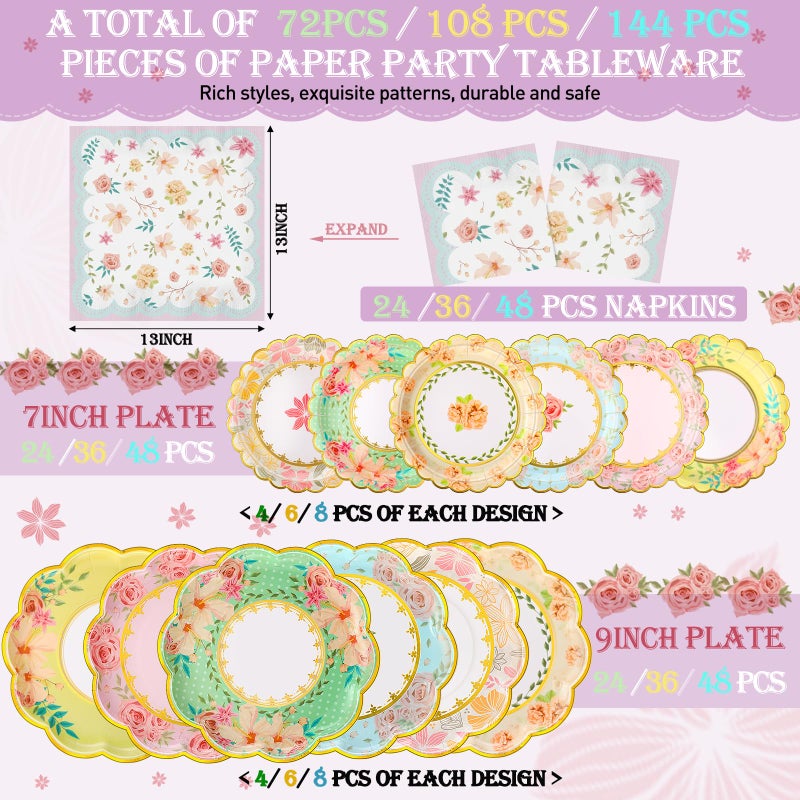 Skybooly 72 Pcs Floral Tea Party Decorations for 24 Guests Tea Party Plates and Napkins Sets Disposable Vintage Floral Plates and Napkins Bulk for Bridal Shower Wedding Birthday - Image 2