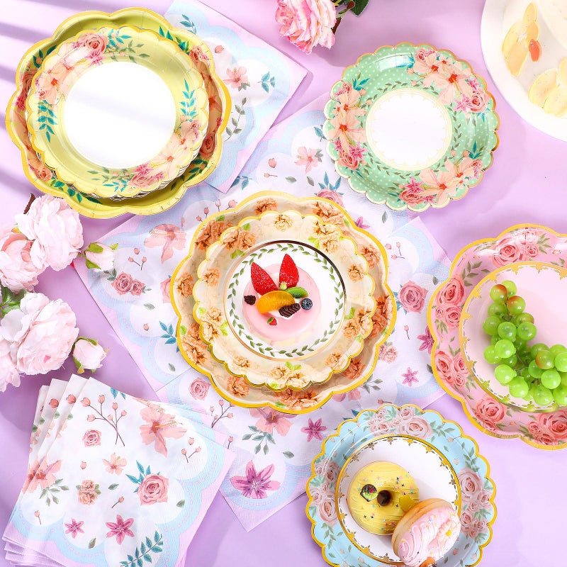 Skybooly 72 Pcs Floral Tea Party Decorations for 24 Guests Tea Party Plates and Napkins Sets Disposable Vintage Floral Plates and Napkins Bulk for Bridal Shower Wedding Birthday - Image 4
