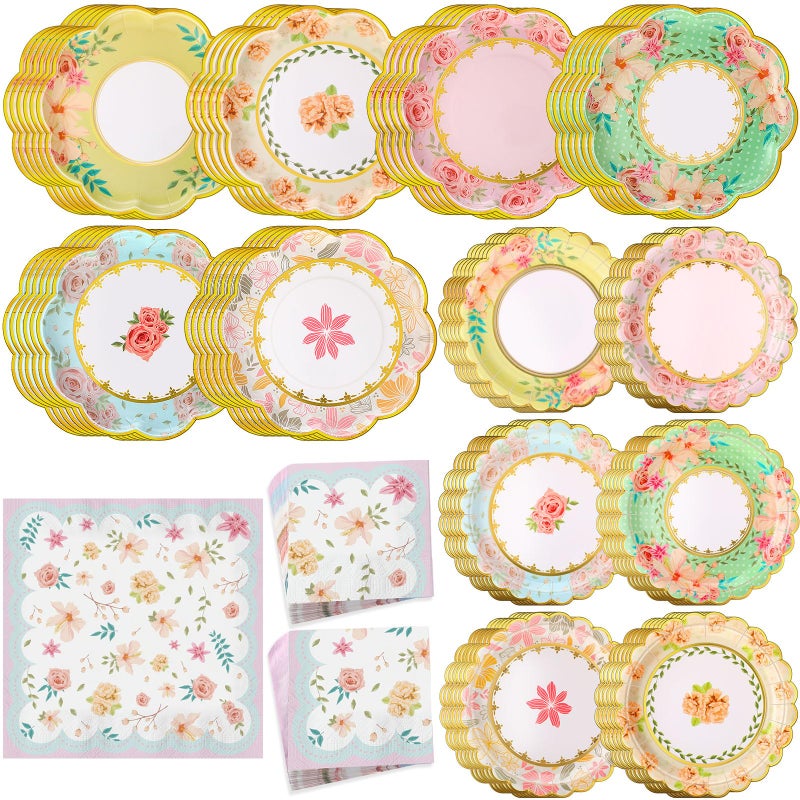 Skybooly 72 Pcs Floral Tea Party Decorations for 24 Guests Tea Party Plates and Napkins Sets Disposable Vintage Floral Plates and Napkins Bulk for Bridal Shower Wedding Birthday - Image 1