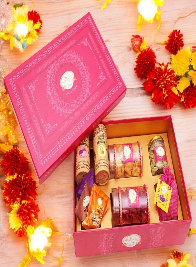 Jaiccha Ghasitaram Gifts Jaiccha Holi- Sweet/Holi Hampers/Thandai Big Pink Hamper Box of Namkeens, Sweets/Bites, Dryfruits, Thandai and Organic Gulal - Image 1