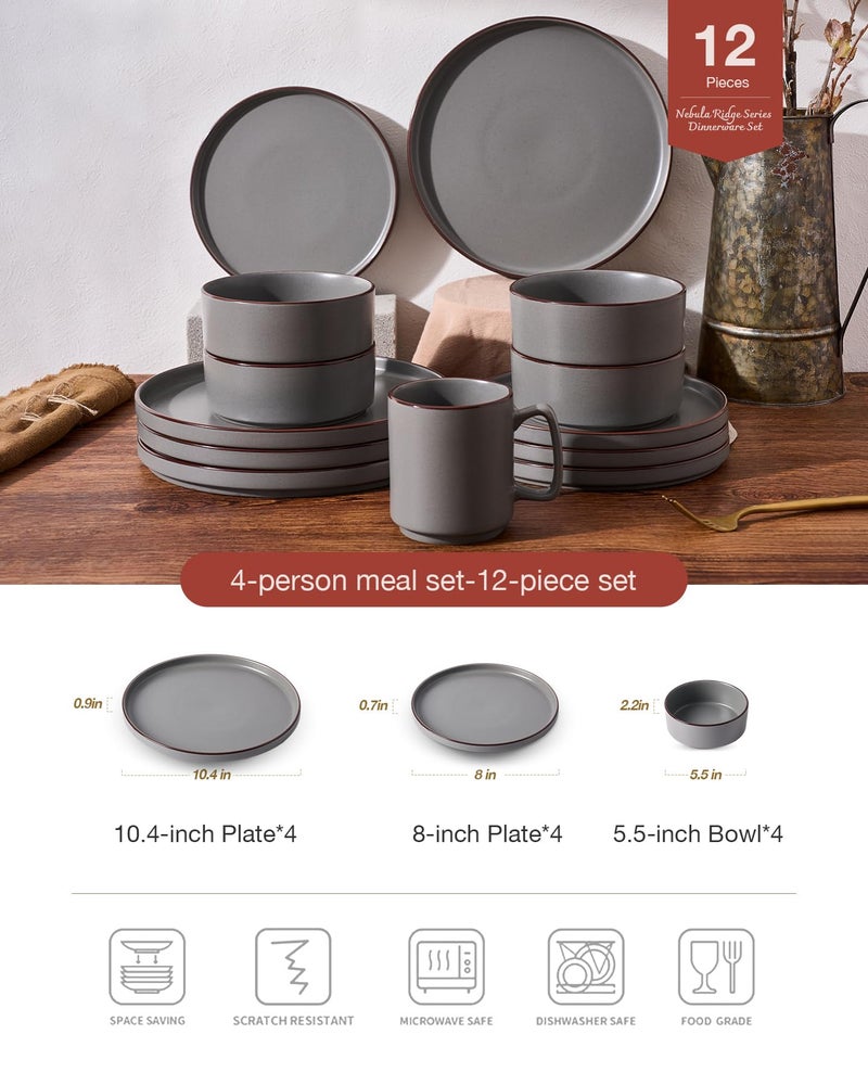 Famiware Nebula Ridge Stoneware Dinnerware Sets, Plates and Bowls Sets for 4, 12 Pieces Dishes Set, Microwave and Dishwasher Safe Kitchen Plates, Dark Gray - Image 2