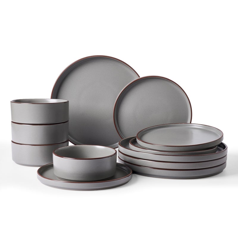 Famiware Nebula Ridge Stoneware Dinnerware Sets, Plates and Bowls Sets for 4, 12 Pieces Dishes Set, Microwave and Dishwasher Safe Kitchen Plates, Dark Gray - Image 1