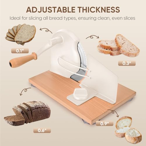 SOWKIPE Manual Bread Slicer with Hand Crank, Classic Home Bread Slicer for Homemade Sourdough, Rotary Slicer with Adjustable Thickness, Premium Stainless Steel & Powerful Suction Cups (White) - Image 2