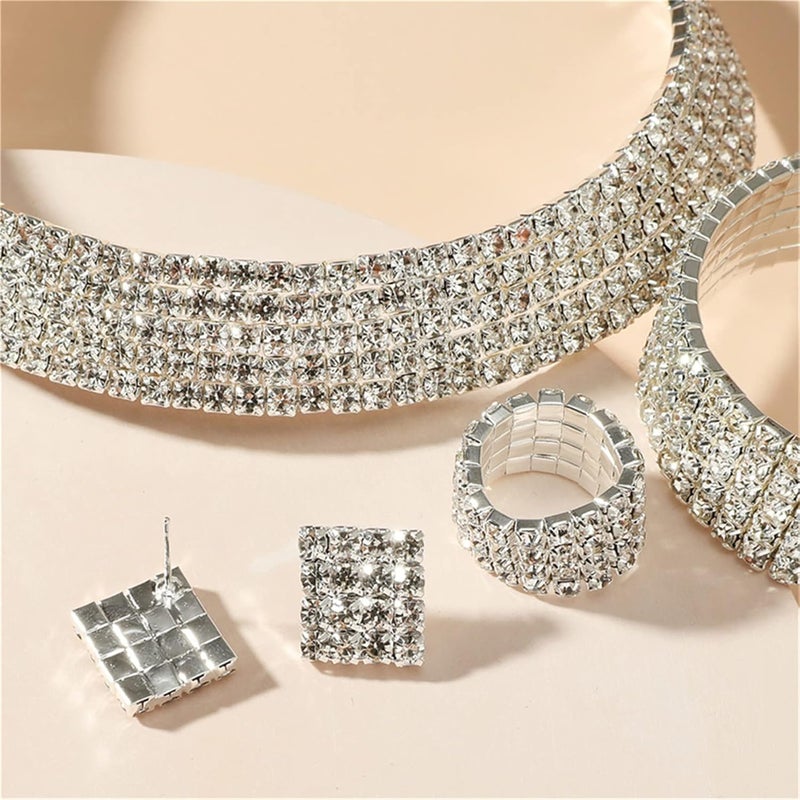 cheekyglo 1 Set 1-5 Rows Rhinestone Choker Necklace & Bracelets Crystal Necklace Collar Bridal Jewelry \u200bfor Dance Party Wedding,Silver-5 Rows - Image 4