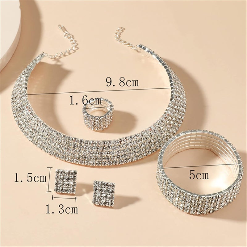 cheekyglo 1 Set 1-5 Rows Rhinestone Choker Necklace & Bracelets Crystal Necklace Collar Bridal Jewelry \u200bfor Dance Party Wedding,Silver-5 Rows - Image 2