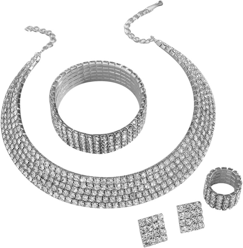 cheekyglo 1 Set 1-5 Rows Rhinestone Choker Necklace & Bracelets Crystal Necklace Collar Bridal Jewelry \u200bfor Dance Party Wedding,Silver-5 Rows - Image 1