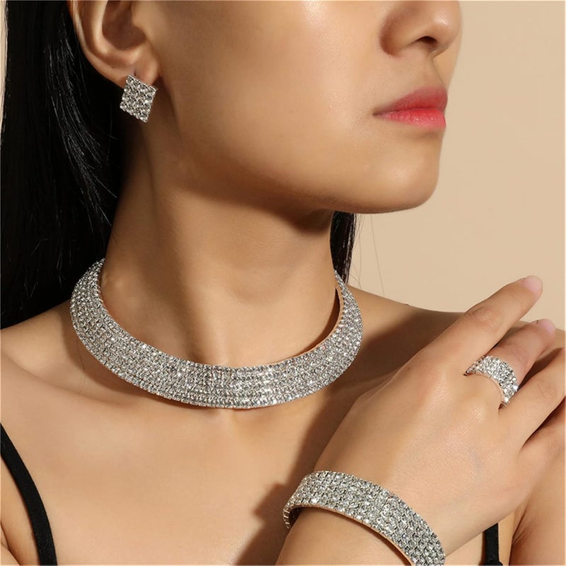 cheekyglo 1 Set 1-5 Rows Rhinestone Choker Necklace & Bracelets Crystal Necklace Collar Bridal Jewelry \u200bfor Dance Party Wedding,Silver-5 Rows - Image 5
