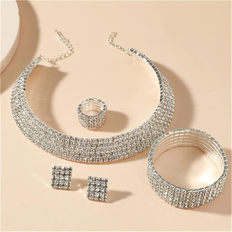 cheekyglo 1 Set 1-5 Rows Rhinestone Choker Necklace & Bracelets Crystal Necklace Collar Bridal Jewelry \u200bfor Dance Party Wedding,Silver-5 Rows - Image 3
