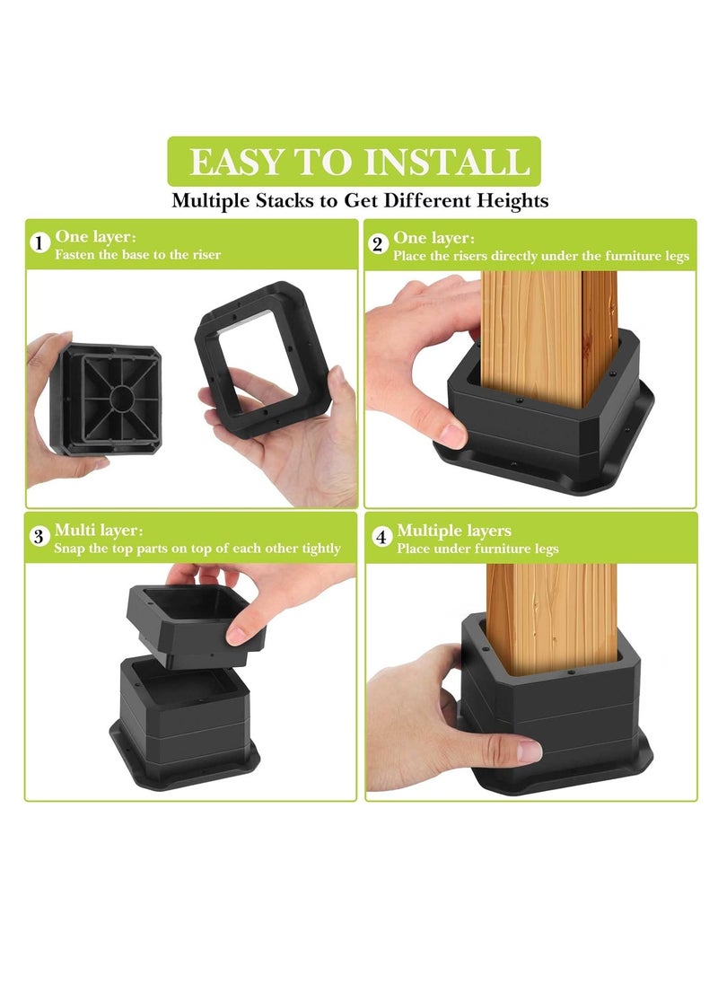 KASTWAVE 4 Pack Furniture Risers 1 Inch, Bed Risers, Heavy-Duty Support, Lift 1 inch for Couch, Sofa, Table, Chair, Bed Legs Dorm, Square Stackable Bed Raisers Blocks Lift Height 1"-2“, Black  - Image 3