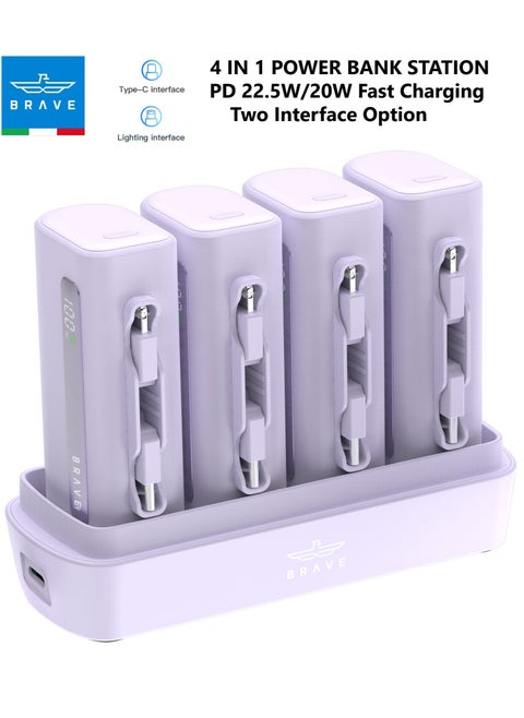 Power Bank Station Kit, Multi-Device Charging Dock, 4x 5000mAh Portable Charger Set with PD22.5W Type-C & PD20W Lightning, LED Display, Fast Charging External Battery for iPhone 16/15/14/13/12, Samsung S25/S24/S23/S22, iPad Pro, AirPods Pro, and More - USB-C Power Bank Charging Station (Purple)