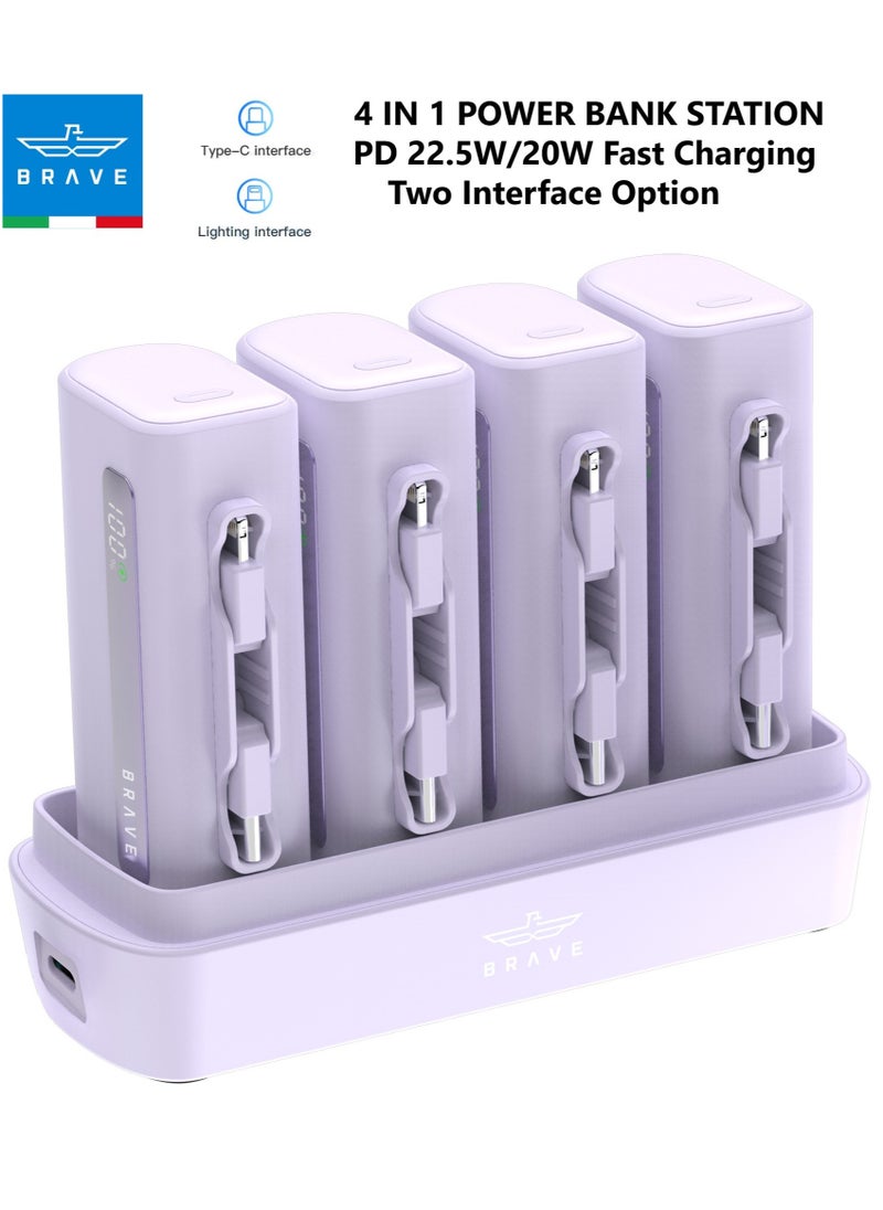 Brave - Power Bank Station Kit, Multi-Device Charging Dock, 4x 5000mAh Portable Charger Set with PD22.5W Type-C & PD20W Lightning, LED Display, Fast Charging External Battery for iPhone 16/15/14/13/12, Samsung S25/S24/S23/S22, iPad Pro, AirPods Pro, and More - USB-C Power Bank Charging Station (Purple) - Image 1