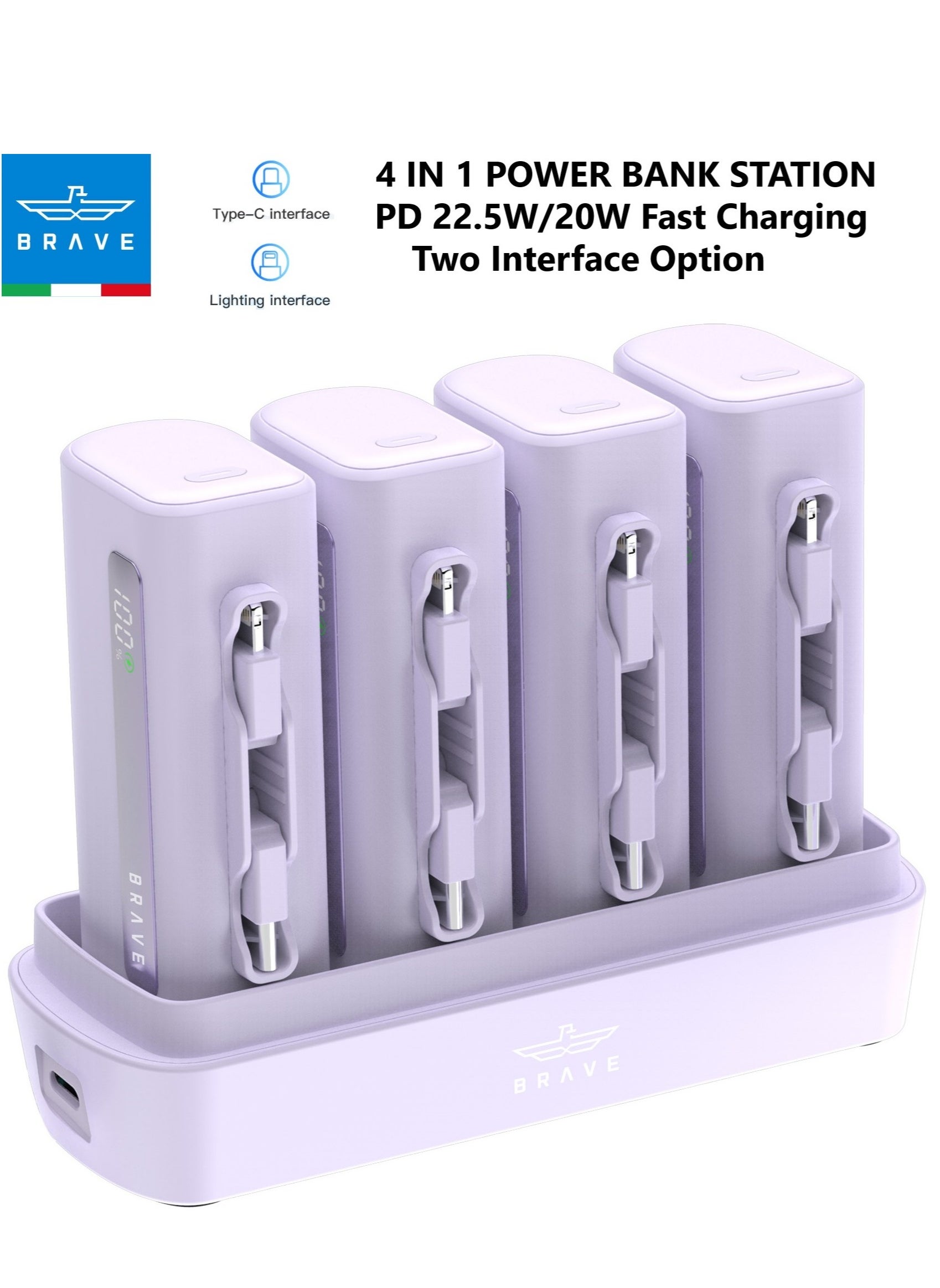 Brave Power Bank Station Set, Multi-Device Charging Dock, Portable Charger Bundle 4 x 5000mAh with PD22.5W Type-C & PD20W Lightning, LED Display, Fast Charging External Battery for iPhone 16/15/14/13/12, Samsung S24/S23/S22, iPad Pro, AirPods Pro, and More - USB-C Powerbank Charging Station (Purple) 