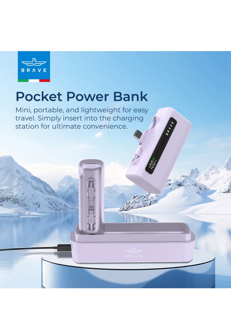 Brave - Power Bank Station Kit, Multi-Device Charging Dock, 4x 5000mAh Portable Charger Set with PD22.5W Type-C & PD20W Lightning, LED Display, Fast Charging External Battery for iPhone 16/15/14/13/12, Samsung S25/S24/S23/S22, iPad Pro, AirPods Pro, and More - USB-C Power Bank Charging Station (Purple) - Image 1