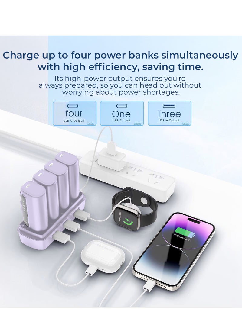 Brave - Power Bank Station Kit, Multi-Device Charging Dock, 4x 5000mAh Portable Charger Set with PD22.5W Type-C & PD20W Lightning, LED Display, Fast Charging External Battery for iPhone 16/15/14/13/12, Samsung S25/S24/S23/S22, iPad Pro, AirPods Pro, and More - USB-C Power Bank Charging Station (Purple) - Image 1