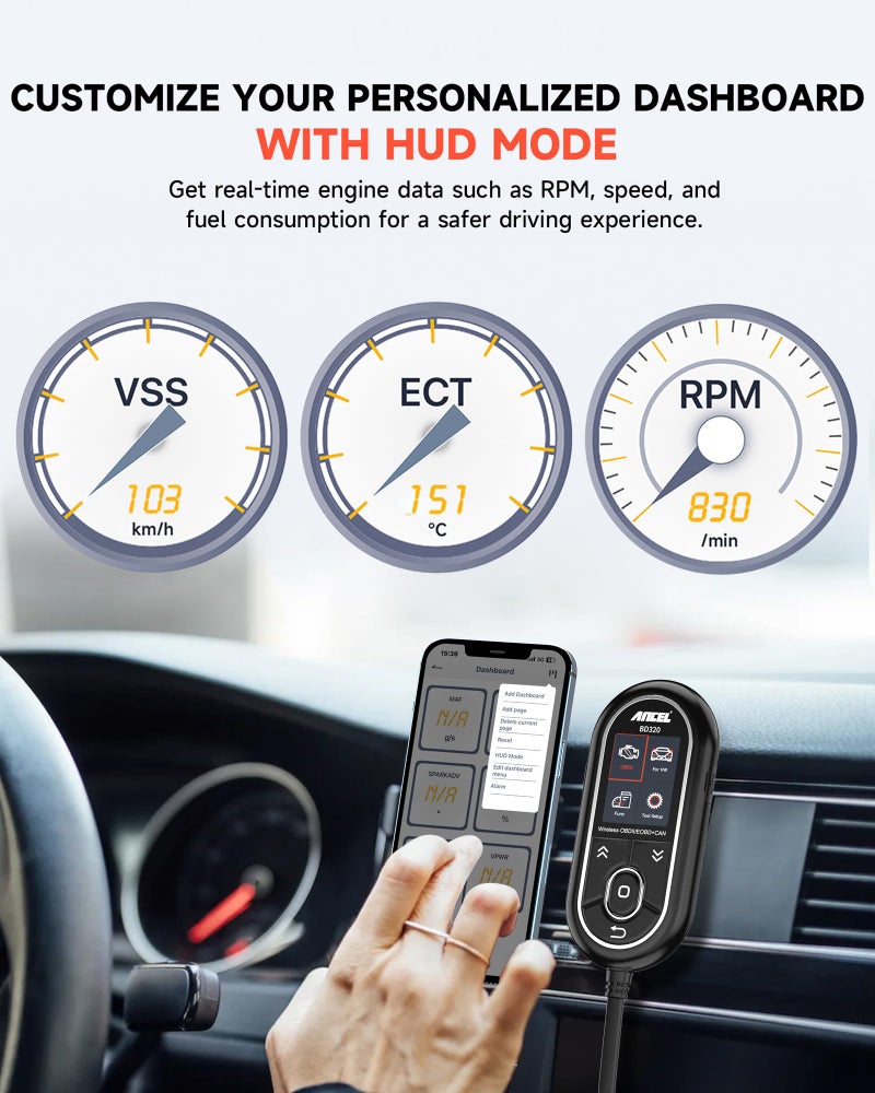 Ancel (Upgraded BD310 for VW Audi Skoda Seat) ANCEL BD320 OBD2 Scanner, All System Diagnostic Tool with EPB/Throttle/Oil Reset, Check Engine Code Reader for Cars, Bluetooth & Wired & HUD 3 in 1 - Image 5