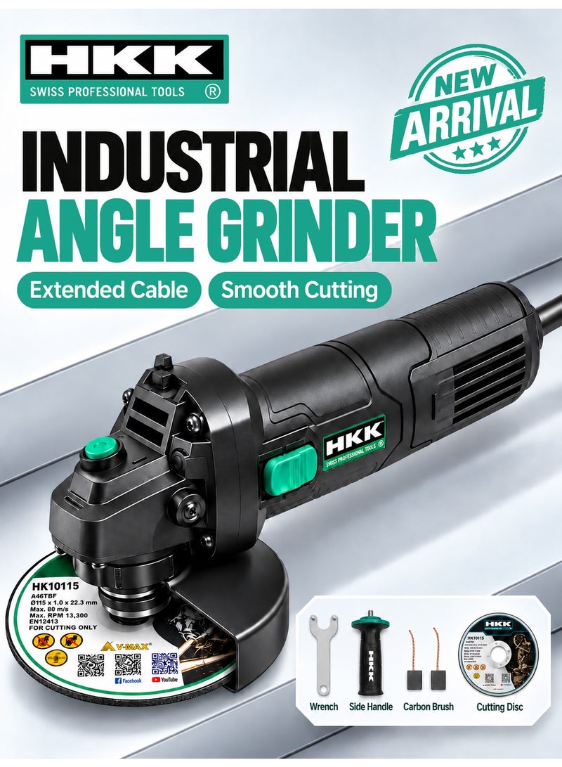 HKK 800 W Corded Angle Grinder 115 mm Disc 11000 rpm for Metal Cutting Grinding and Polishing HAG01-115 Black and Green - Image 2
