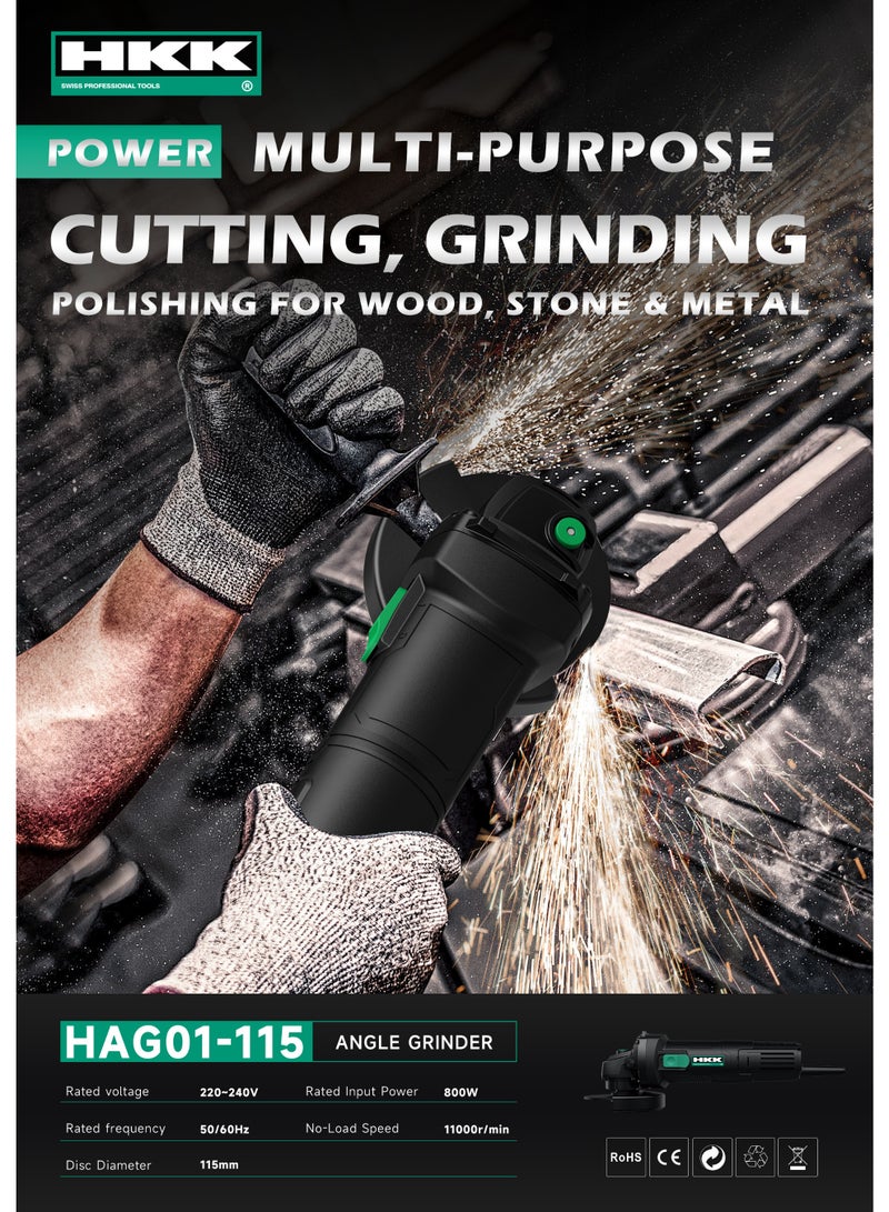 HKK 800 W Corded Angle Grinder 115 mm Disc 11000 rpm for Metal Cutting Grinding and Polishing HAG01-115 Black and Green - Image 5