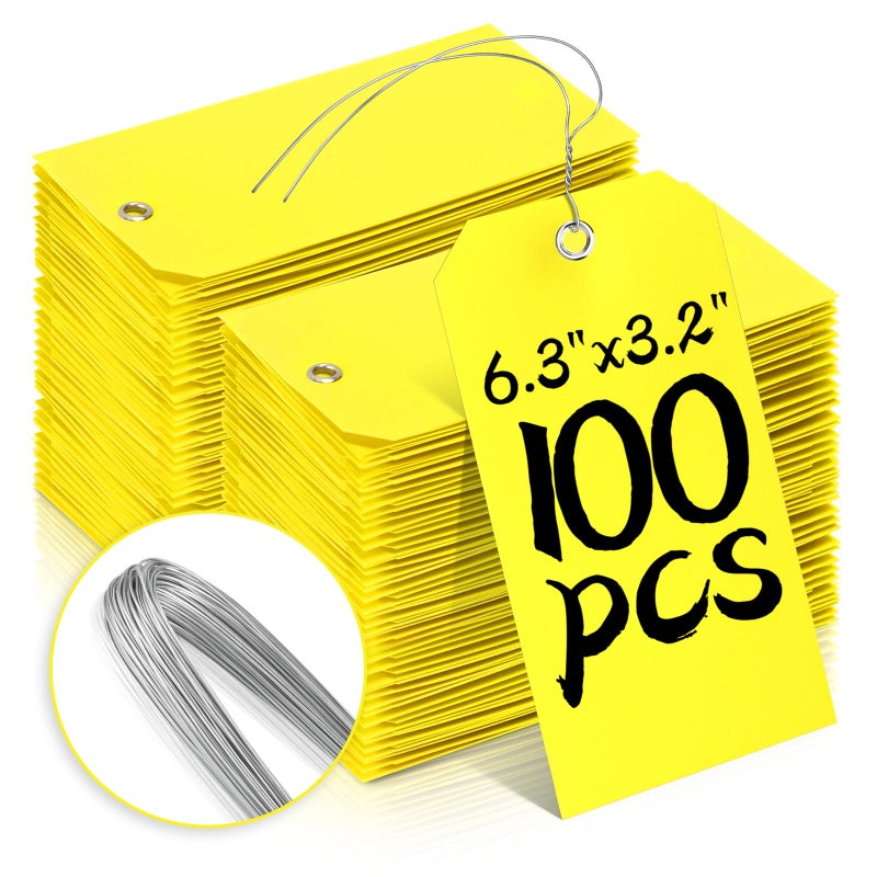 XUWAIDSGN 100 Pcs Waterproof Tags Writable Plastic Tags for Labeling Tag with Wire Tie Large Heavy Duty Tags Moving Tags Pipe Tags for Outdoors Car Garage Storage Box Equipment Parts (Yellow, 6 1/4" x 3 1/8") - Image 1