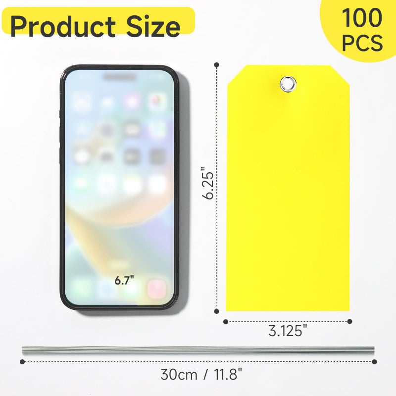 XUWAIDSGN 100 Pcs Waterproof Tags Writable Plastic Tags for Labeling Tag with Wire Tie Large Heavy Duty Tags Moving Tags Pipe Tags for Outdoors Car Garage Storage Box Equipment Parts (Yellow, 6 1/4" x 3 1/8") - Image 2