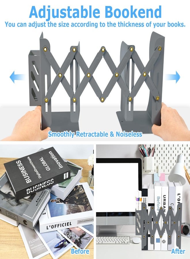 SAYEEC Adjustable Bookends Metal Book Ends with Pen Holder for Heavy Books 3 Dividers Expandable Desk Book Stand Stopper Rack Magazine Binder Organizer for Shelves Bookcase Office School Home (Grey) - Image 4