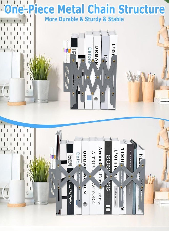 SAYEEC Adjustable Bookends Metal Book Ends with Pen Holder for Heavy Books 3 Dividers Expandable Desk Book Stand Stopper Rack Magazine Binder Organizer for Shelves Bookcase Office School Home (Grey) - Image 5