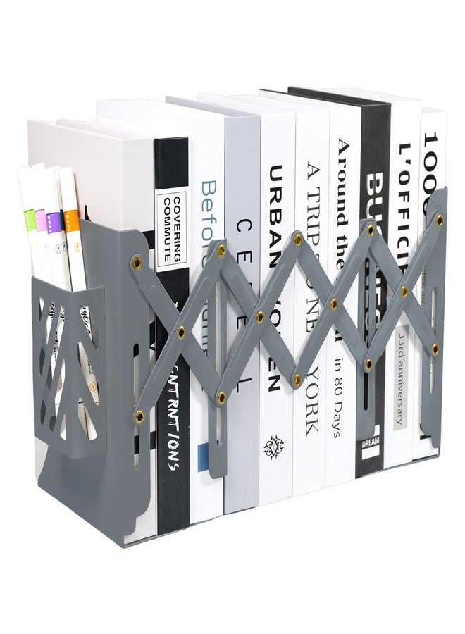 SAYEEC Adjustable Bookends Metal Book Ends with Pen Holder for Heavy Books 3 Dividers Expandable Desk Book Stand Stopper Rack Magazine Binder Organizer for Shelves Bookcase Office School Home (Grey) - Image 1