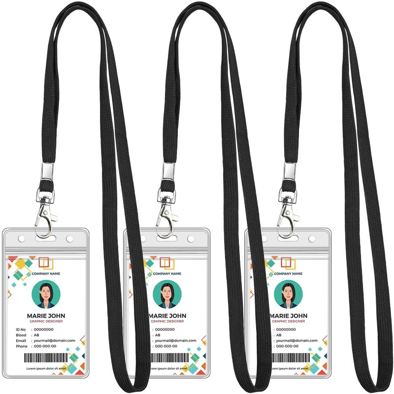 koorito 3 Pack Clear ID Badge Holder with Lanyard Black Lanyards with Vertical Waterproof ID Badge Holder for Office, School, Travel - Image 1