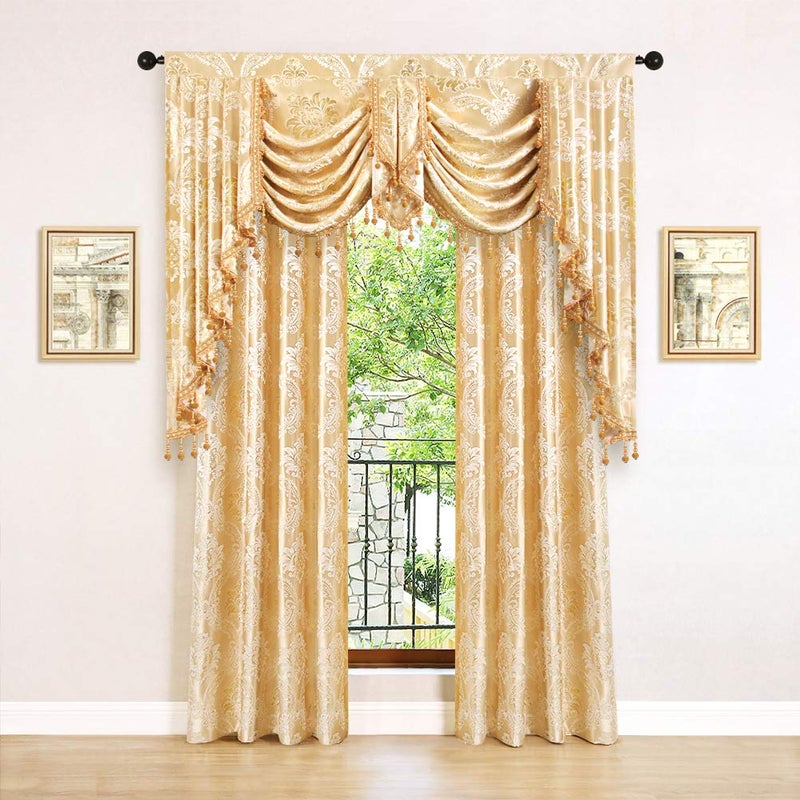 ELKCA Golden Jacquard Swag Waterfall Valance Luxury Curtain Valance for Living Room (Damask-Golden, W59 Inch, 1 Panel) - Image 2