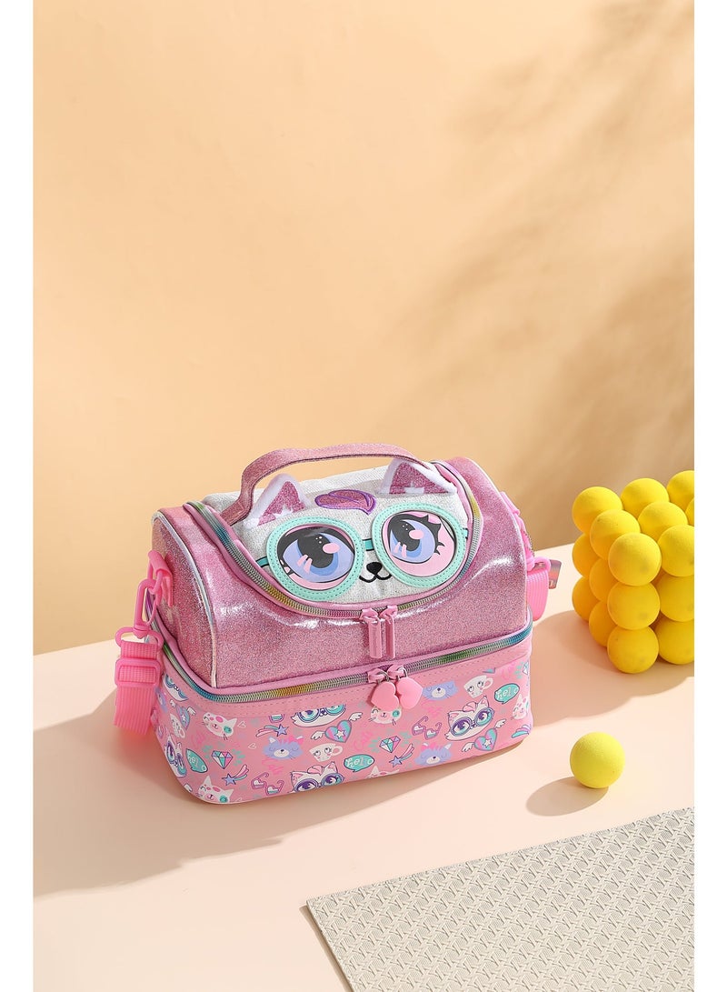 VEST Pink Cute Cartoon Double Layer Kids Lunch Bag Portable Insulated Waterproof Bento Lunch Bag Kids Lunch Bag 17cm×26.5cm×17.5cm - Image 5