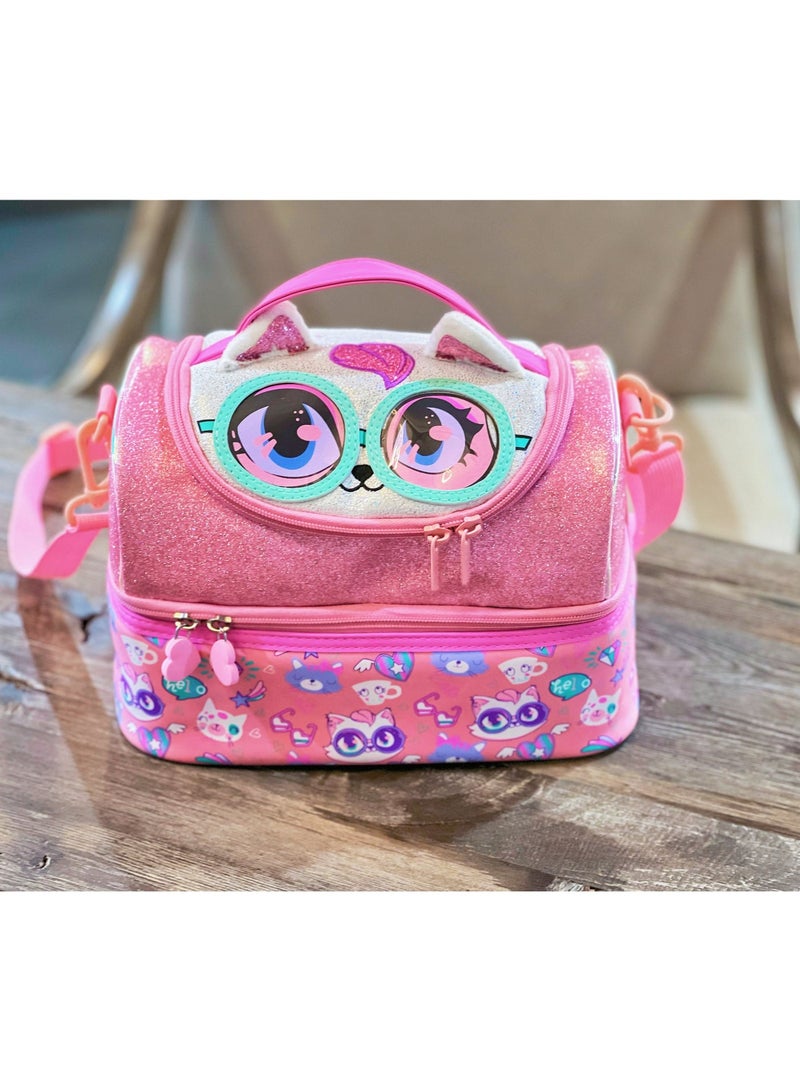 VEST Pink Cute Cartoon Double Layer Kids Lunch Bag Portable Insulated Waterproof Bento Lunch Bag Kids Lunch Bag 17cm×26.5cm×17.5cm - Image 1