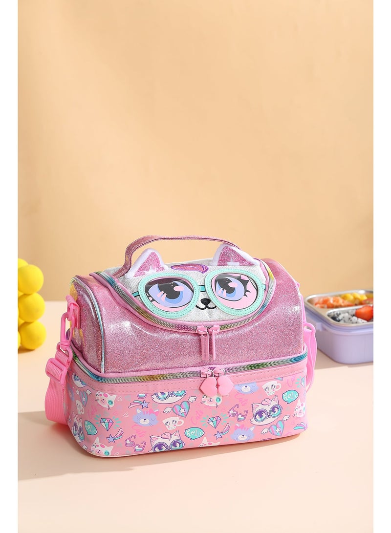 VEST Pink Cute Cartoon Double Layer Kids Lunch Bag Portable Insulated Waterproof Bento Lunch Bag Kids Lunch Bag 17cm×26.5cm×17.5cm - Image 3