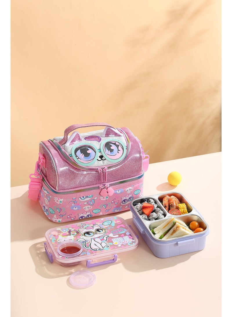 VEST Pink Cute Cartoon Double Layer Kids Lunch Bag Portable Insulated Waterproof Bento Lunch Bag Kids Lunch Bag 17cm×26.5cm×17.5cm - Image 4