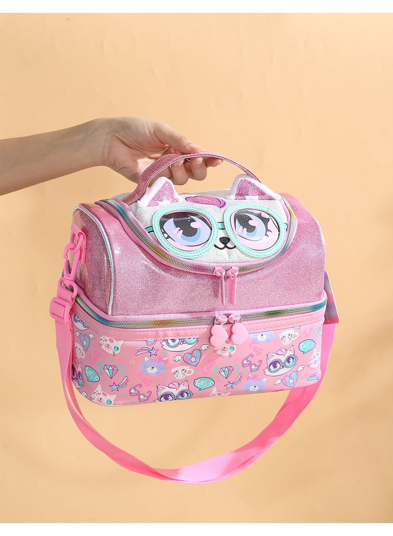 VEST Pink Cute Cartoon Double Layer Kids Lunch Bag Portable Insulated Waterproof Bento Lunch Bag Kids Lunch Bag 17cm×26.5cm×17.5cm - Image 2