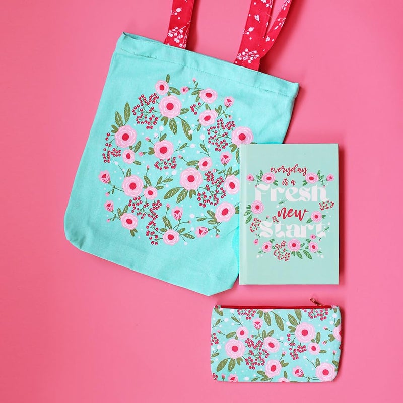 Scribbles Green Springflower Themed Curated Gift Hamper - Set of 1 Tote Bag, 1 Flat Pouch & 1 Hardbound Notebook - Image 2