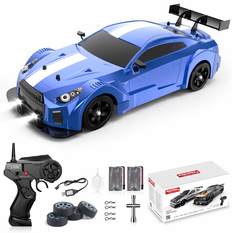Desdoni Remote Control Car RC Drift Car 116 Scale 4WD 18KMH High Speed Model Vehicle 24GHz with LED Lights Spray Rubber Tire Racing Sport Toy for Adults Boys Girls Kids Gift 2Pcs Rechargeable Batteries - Image 2