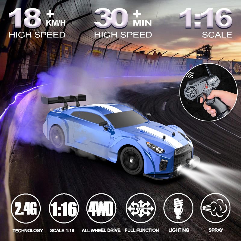 Desdoni Remote Control Car RC Drift Car 116 Scale 4WD 18KMH High Speed Model Vehicle 24GHz with LED Lights Spray Rubber Tire Racing Sport Toy for Adults Boys Girls Kids Gift 2Pcs Rechargeable Batteries - Image 3