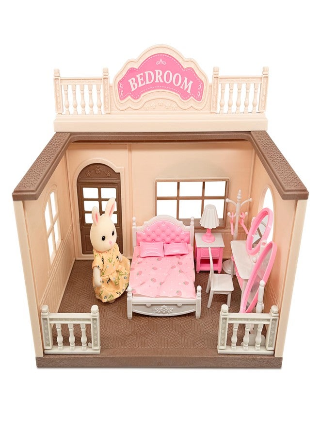 OLEOCA Family Bedroom Doll House - Cozy Cabin with Bunny Figure, Bed, Vanity & Accessories, Complete Modular Dollhouse Playset for Creative Pretend Play Ages 3+ - Image 1