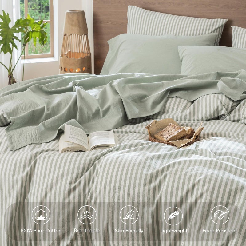 MooMee Bedding Sheet Set 100% Washed Cotton Linen Like Textured Breathable Durable Soft Comfy (Heathered Sage Green, Full) - Image 4