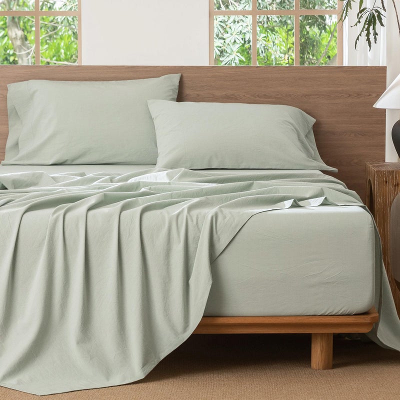 MooMee Bedding Sheet Set 100% Washed Cotton Linen Like Textured Breathable Durable Soft Comfy (Heathered Sage Green, Full) - Image 5