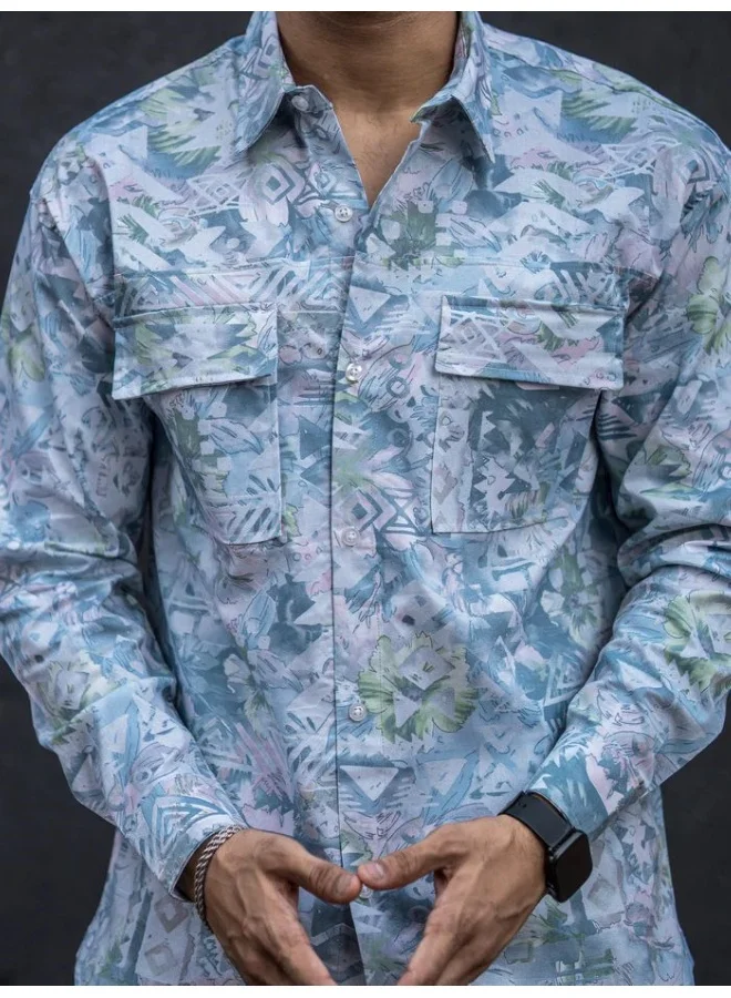 مانياك قميص رجالي مانياك مطبوع بالكامل بأكمام طويلة أبيض وأزرق قطن