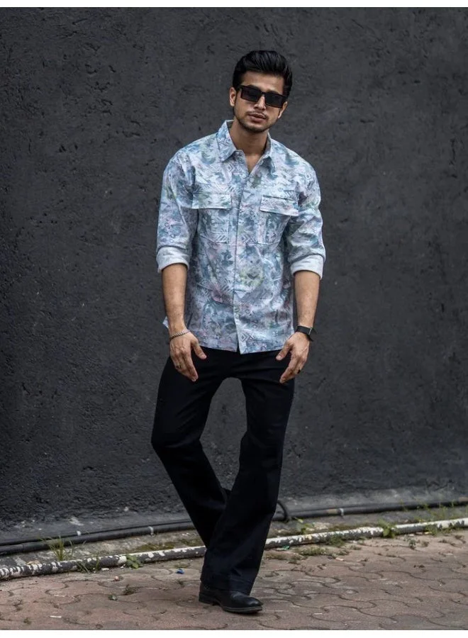 مانياك قميص رجالي مانياك مطبوع بالكامل بأكمام طويلة أبيض وأزرق قطن