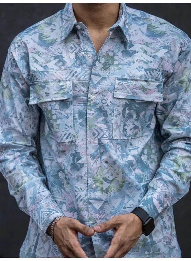 Maniac  Maniac Mens All Over Printed Full Sleeve White and Blue Cotton Shirt for Men | Best Price UAE