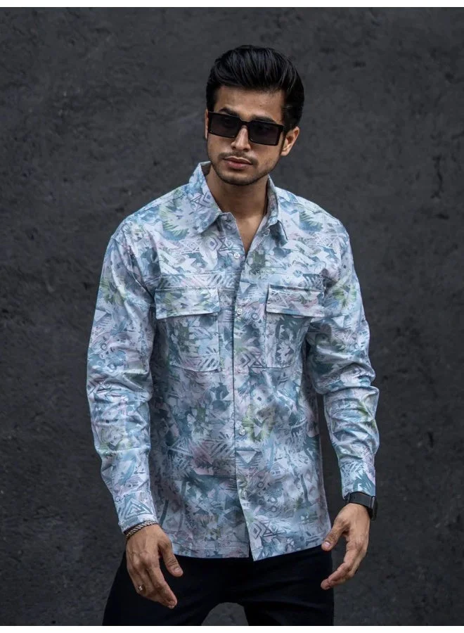 Maniac  Maniac Mens All Over Printed Full Sleeve White and Blue Cotton Shirt for Men | Best Price UAE