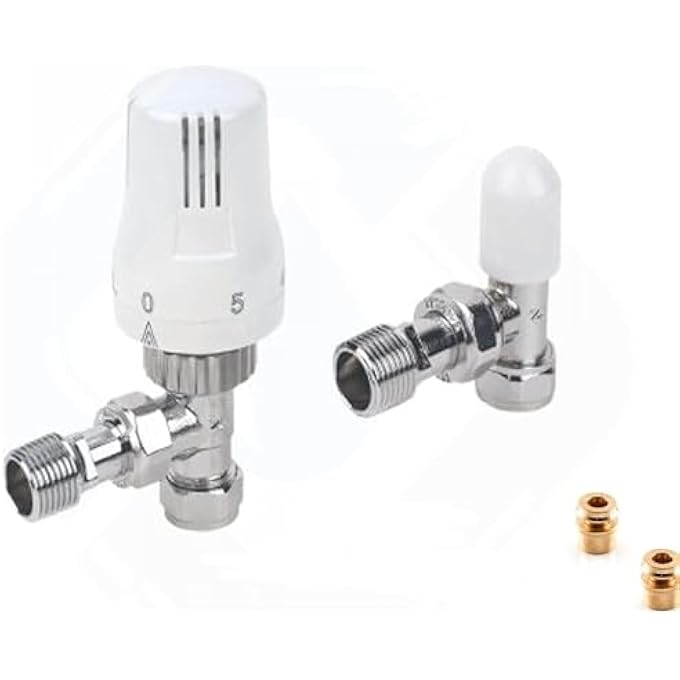 TRV THERMOSTATIC RADIATOR VALVE AND LOCKSHIELD | 1/2INCH X 15MM RADIATOR VALVE THERMOSTATIC | ANGLED RADIATOR THERMOSTAT VALVE TWINPACK WITH 10MM REDUCERS- WHITE - Image 1