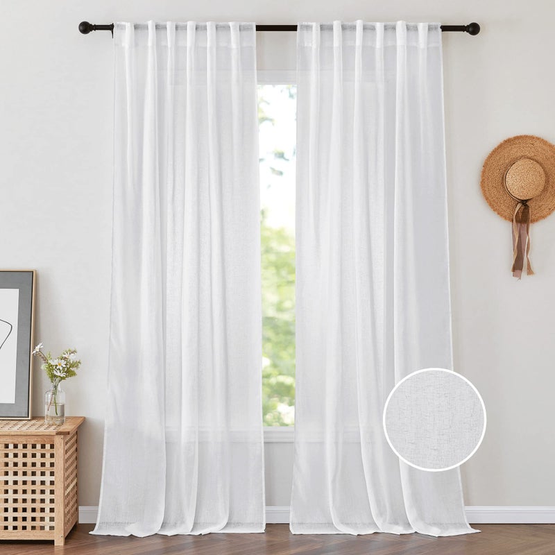 PONY DANCE White Semi Sheer Curtains 84 inches Long 2 Panels  Linen Texture Airy Privacy Sheer Drapes for BedroomLight Filtering Flax Window Treatments Curtain for Living Room W 52 x L 84