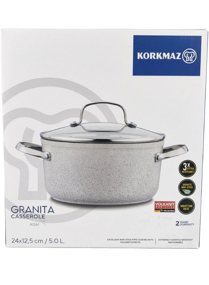 Korkmaz Granita Forged Aluminium Casserole Pot With Glass Lid 24X12.5Cm 5L - Image 1