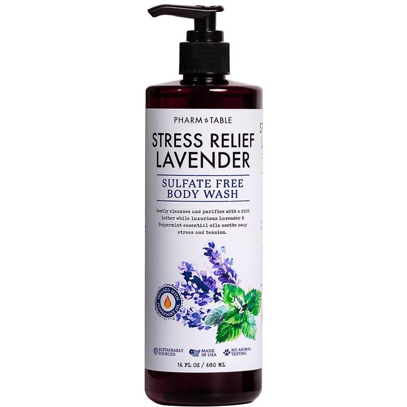 PHARM TO TABLE Stress Relief Lavender Body Wash for Women and Men Softens and Soothes the Skin, Sulfate Free, 100% Cruelty Free, 480ml - Image 1