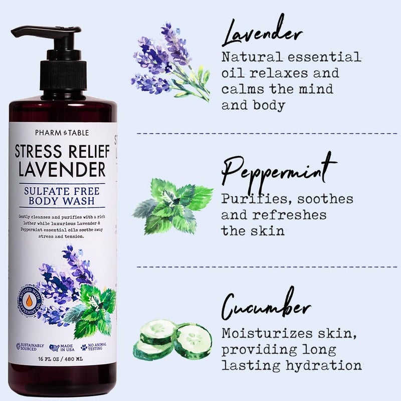 PHARM TO TABLE Stress Relief Lavender Body Wash for Women and Men Softens and Soothes the Skin, Sulfate Free, 100% Cruelty Free, 480ml - Image 3